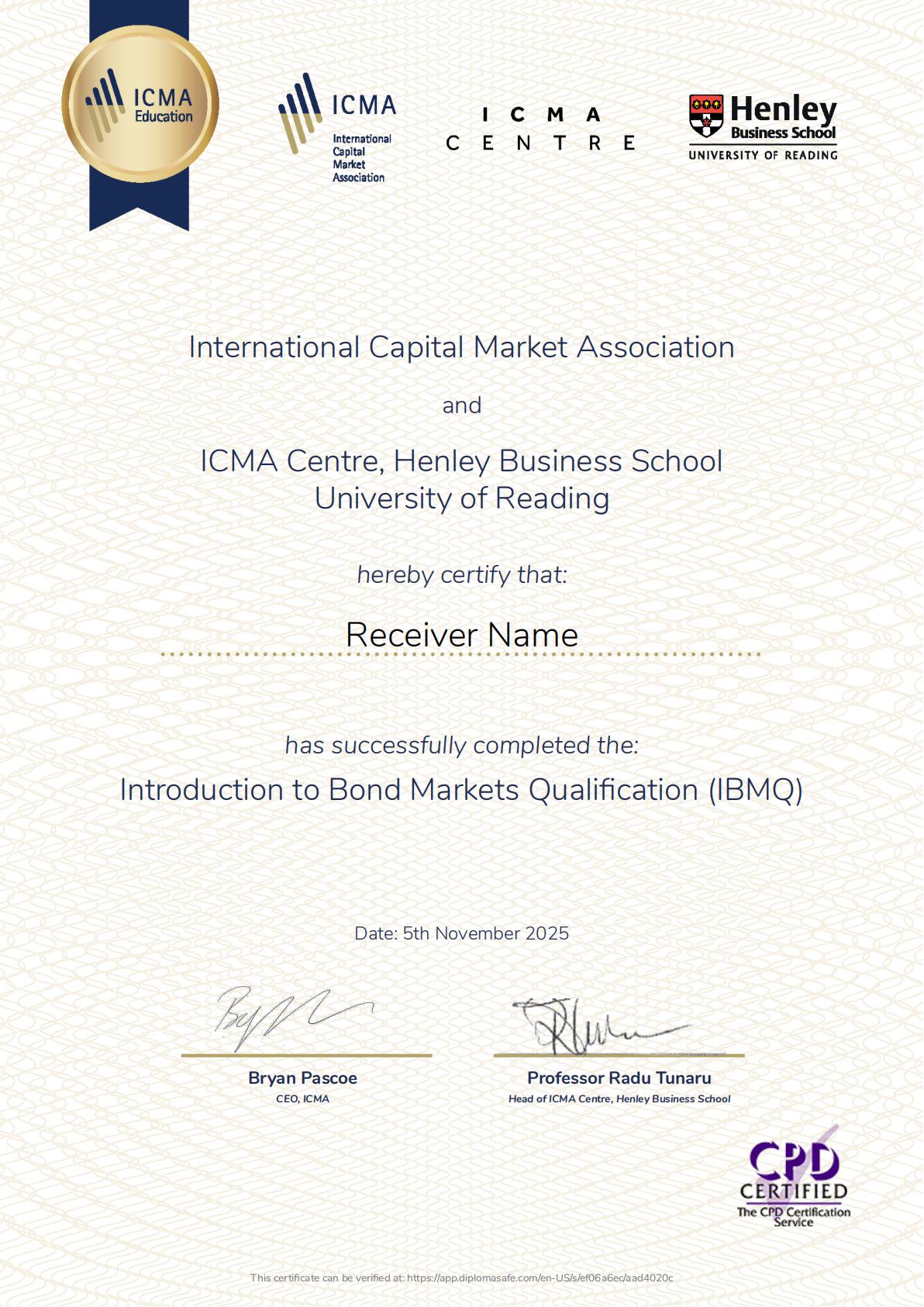 ICMA与雷丁大学联合认证证书样本